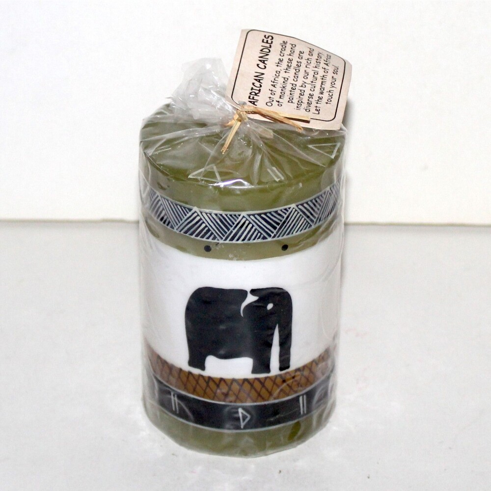 African Pillar Candle Hand Painted Elephant 4.5 x 2.75 green white home decor